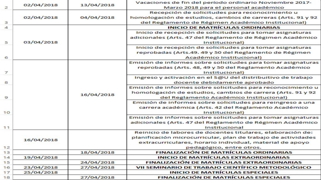 CALENDARIO PERIODO ACADÉMICO MAYO-SEPTIEMBRE 2018