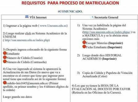 REQUISITOS PARA MATRÍCULAS UNESUM DEL NUEVO PERÍODO ACADÉMICO MAYO A SEPTIEMBRE DEL 2018