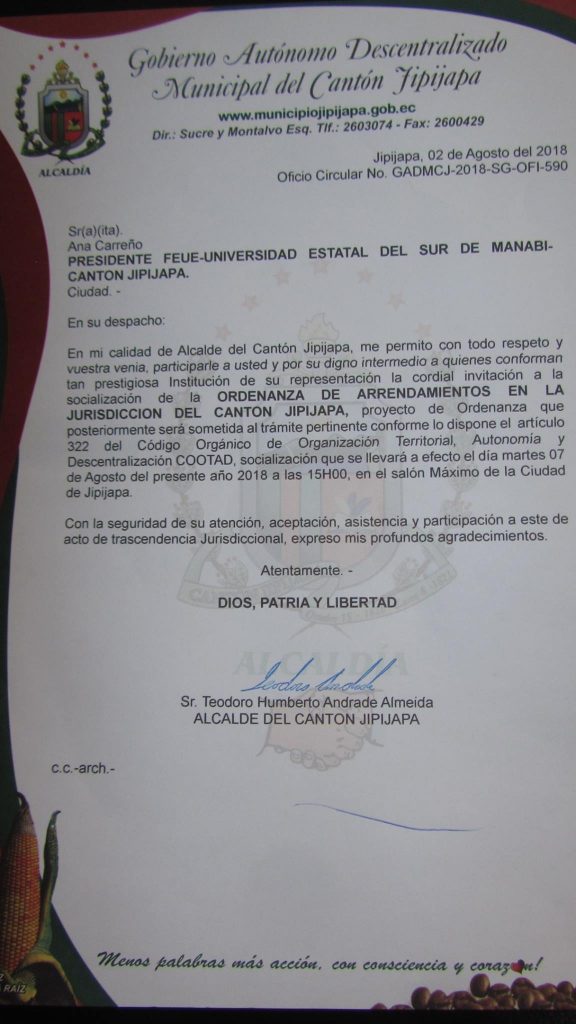 INVITACIÓN DEL GAD MUNICIPAL DE JIPIJAPA A LA PRESIDENTA DE LA FEUE-UNESUM
