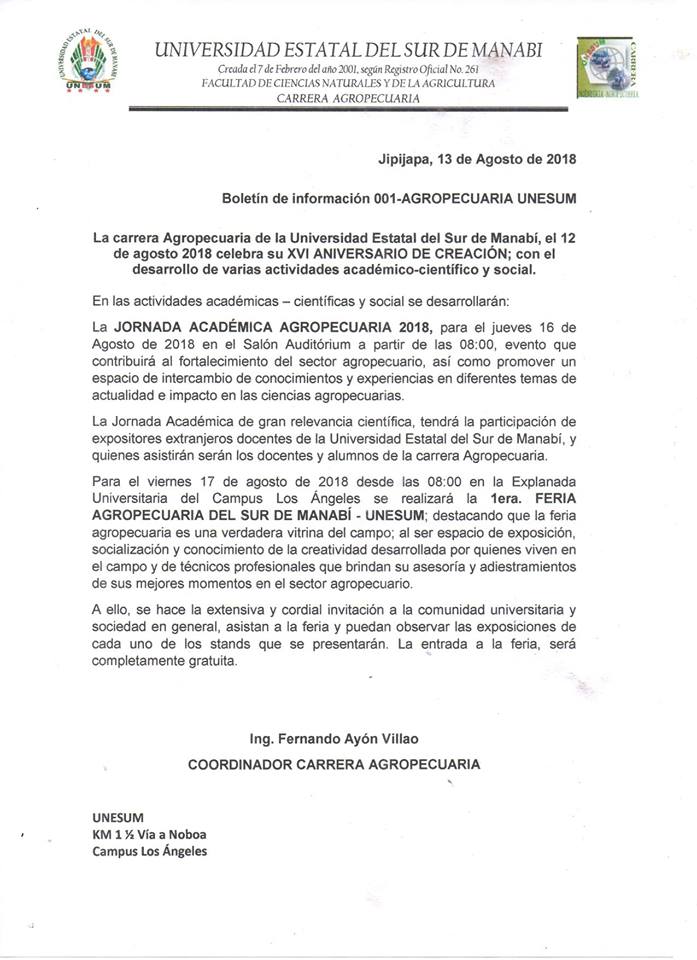 VARIAS ACTIVIDADES ACADÉMICAS DE LA CARRERA DE AGROPECUARIA POR LA CELEBRACIÓN DE XVI ANIVERSARIO DE CREACIÓN-UNIVERSIDAD ESTATAL DEL SUR DE MANABÍ.