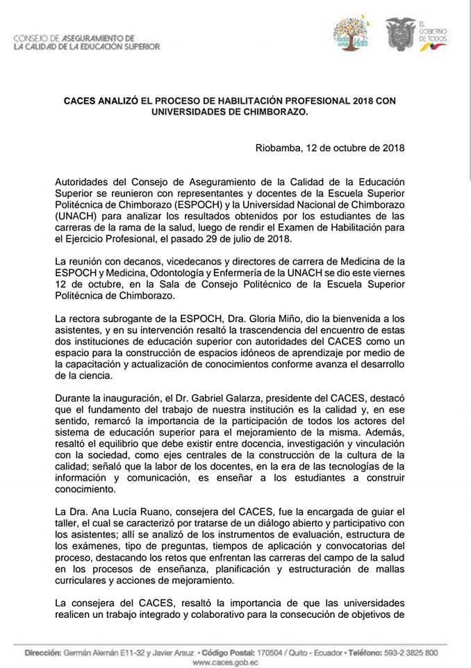 CACES ANALIZÓ EL PROCESO DE HABILITACIÓN PROFESIONAL 2018 CON  UNIVERSIDADES DE CHIMBORAZO