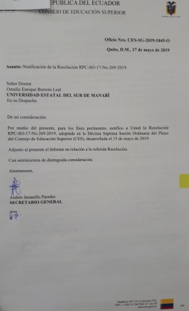 CES NOTIFICA RESOLUCIÓN Y APROBACIÓN DEL PROYECTO DE MAESTRÍA EN ADMINISTRACIÓN PÚBLICA PRESENTADA POR LA UNIVERSIDAD ESTATAL DEL SUR DE MANABÍ